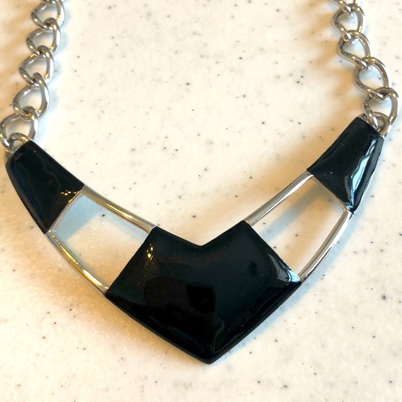 Contemporary Vintage Monet Silver Tone and Black Enamel Necklace - Picture 2 of 5